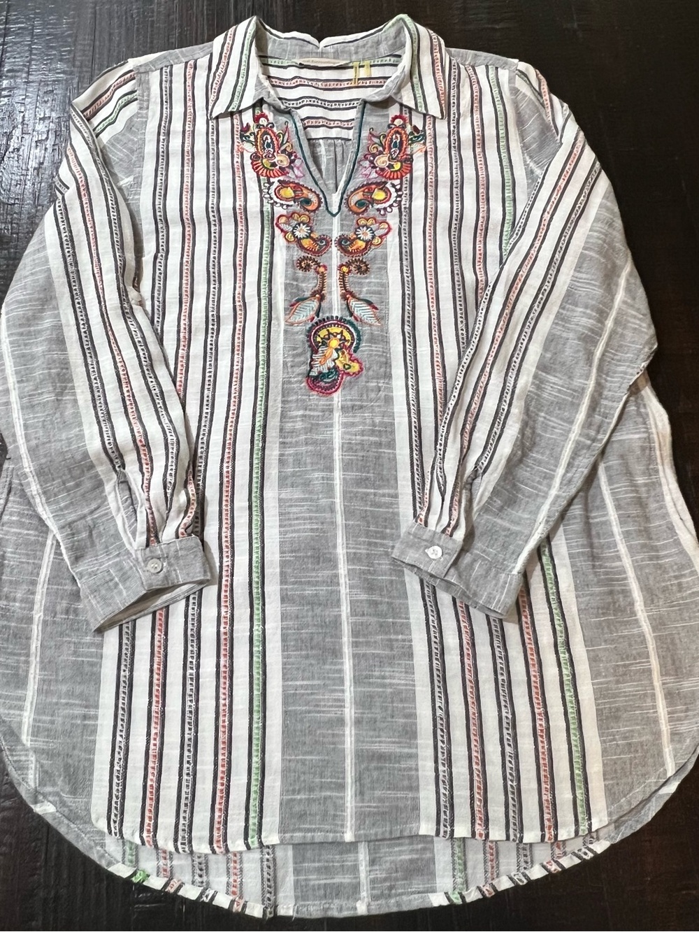 Soft Surroundings Shirt Womens Large Aruba Embroidered Pullover Tunic Boho Strip